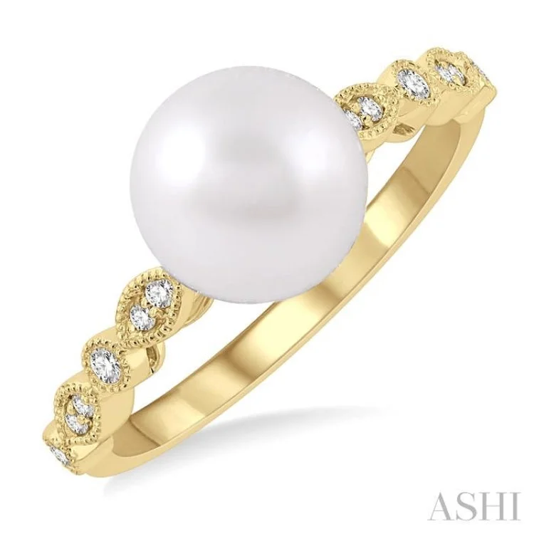 Luxury Gold Ring for Anniversary-1/10 ctw 8x8MM Cultured Pearl and Round Cut Diamond Ring in 14K Yellow Gold