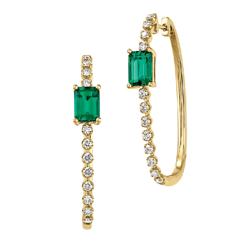 Large Statement Earrings-14K yellow gold hoop earrings with 7x5mm emerald-cut Chatham lab grown emeralds and Chatham lab grown diamond accents.