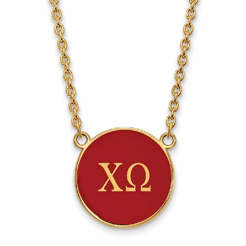 Unique Handmade Necklace-14K Plated Silver Chi Omega Lg Red Enamel Disc Greek Letters Necklace