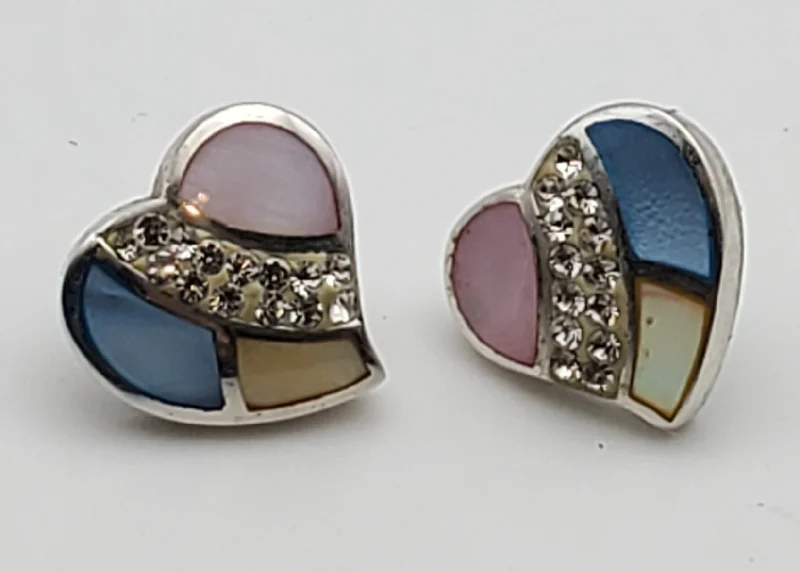 Vintage Drop Earrings for Women-Vintage Sterling Silver Mother of Pearl Enamel and Rhinestone Heart Stud Earrings