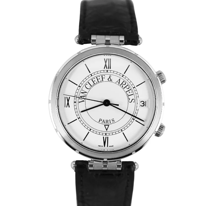 Classic Watches with Gold and Silver Design-Van Cleef & Arpels Paris Memento Stainless Steel Leather White 36mm 523024 Watch