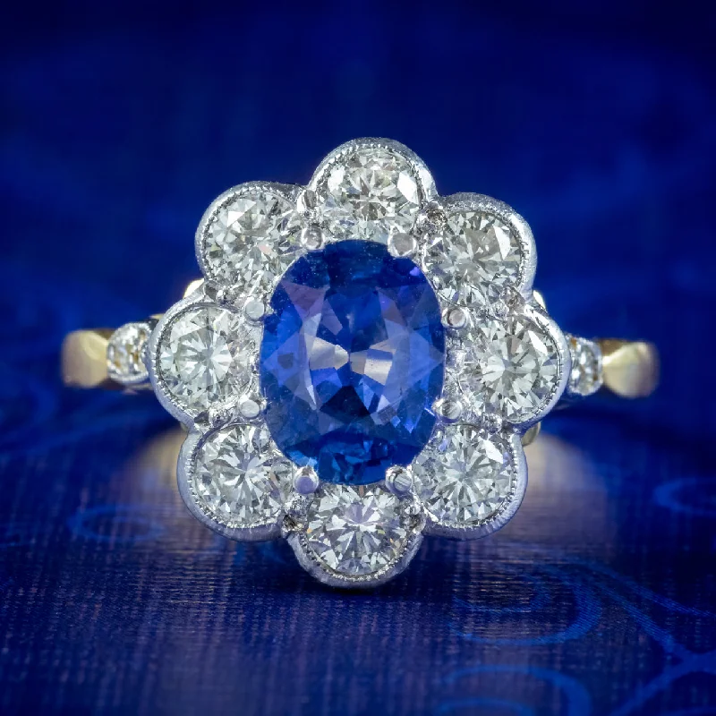 Custom Birthstone Ring for Fashion-Edwardian Style Sapphire Diamond Daisy Cluster Ring 1.2ct Sapphire