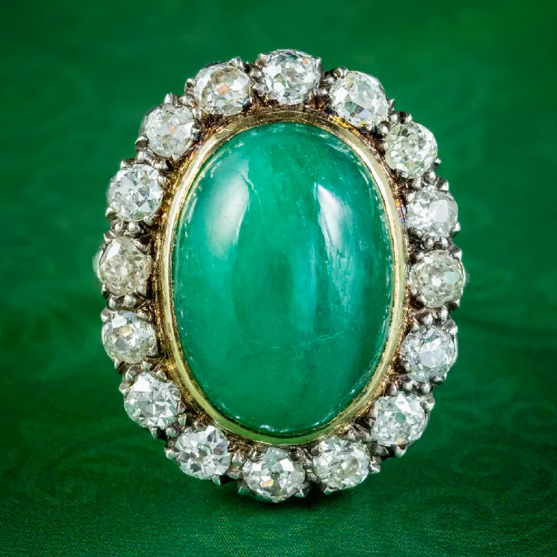 Silver Wedding Ring for Couples-Antique Victorian Emerald Diamond Cluster Ring 11ct Cabochon Emerald