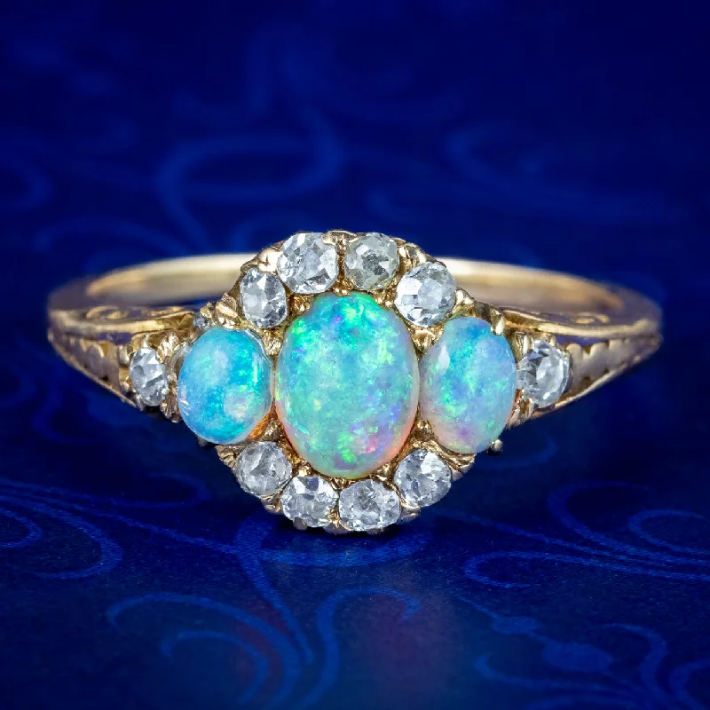 Custom Diamond Ring for Engagement-Antique Victorian Opal Diamond Cluster Ring 0.80ct Opal