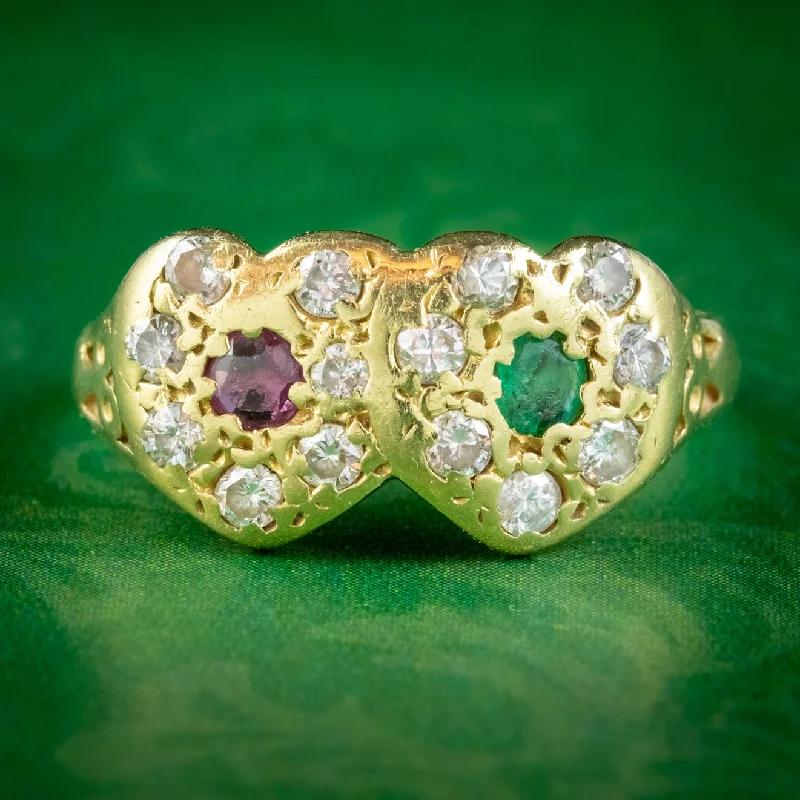 Custom Ring for Proposal-Vintage Ruby Emerald Diamond Double Heart Ring 18ct Gold Dated 1979