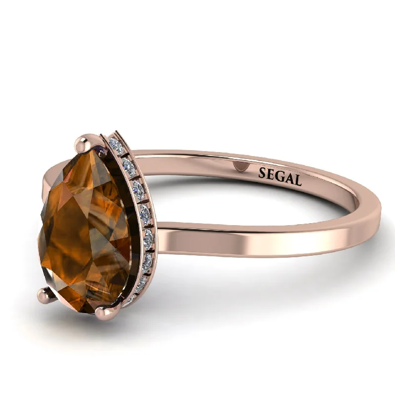 Multi-Gemstone Ring for Fashion Style-Hidden Halo Pear Brown Diamond Engagement Ring - Mary No. 1102