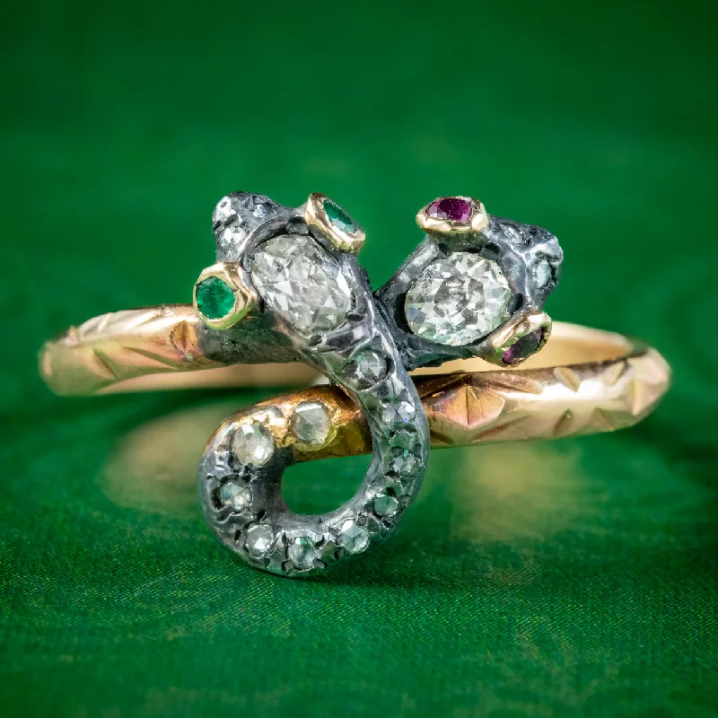 Vintage Wedding Band Set for Couples-Victorian Style Toi Et Moi Diamond Snake Twist Ring Ruby Emerald Eyes