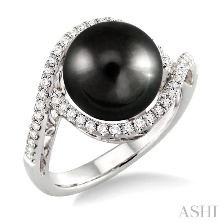 Simple Silver Band Ring for Men-11x11MM Black Cultured Pearl and 1/3 Ctw Round Cut Diamond Ring in 14K White Gold