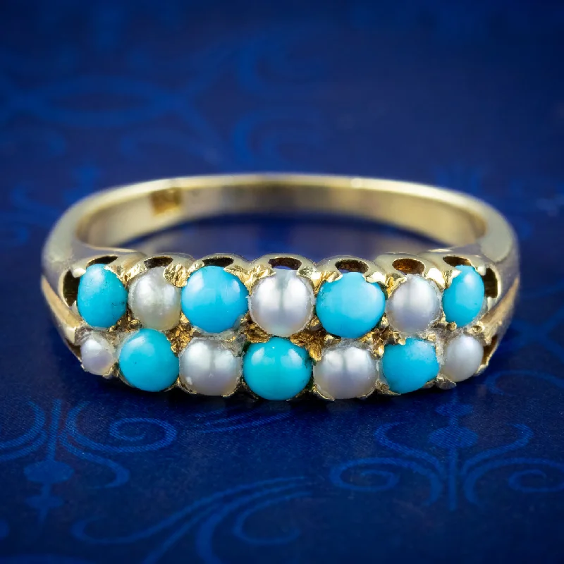 Beautiful Wedding Band for Women-Antique Victorian Turquoise Pearl Checkerboard Ring