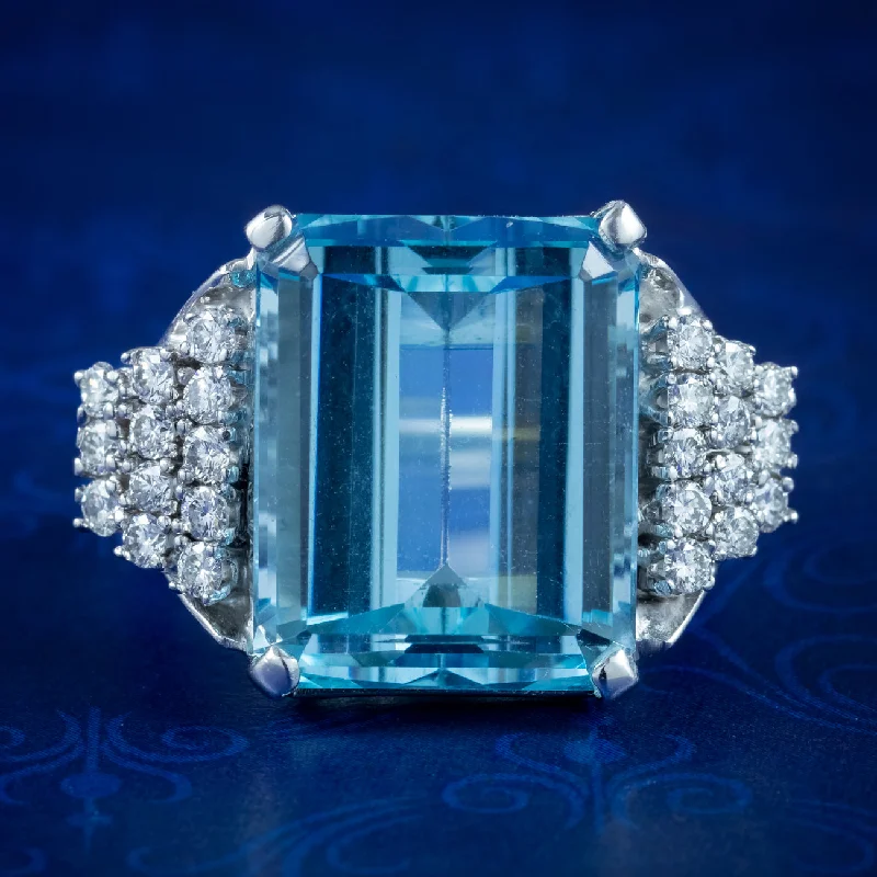 Dainty Engagement Ring for Women-Vintage Aquamarine Diamond Cocktail Ring 15ct Aqua