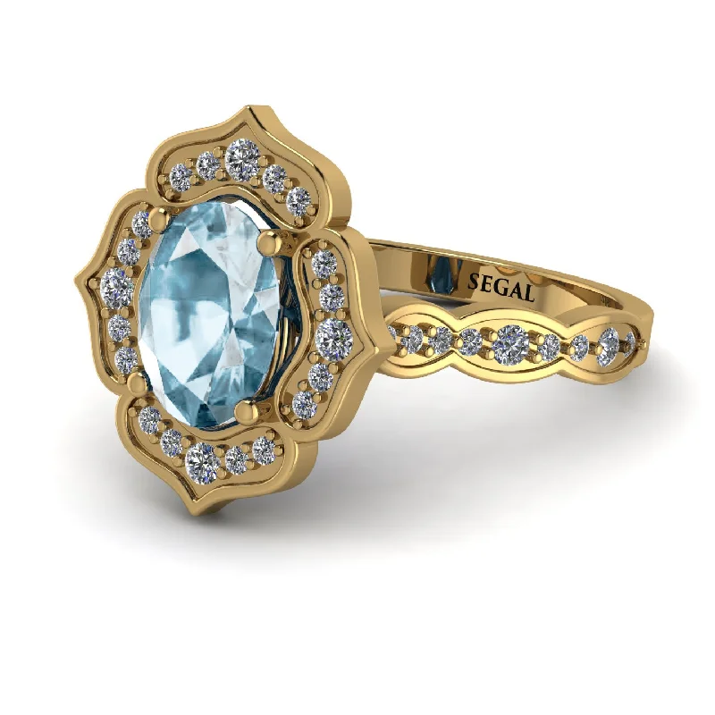 Elegant Diamond Ring for Engagement-Decorated Halo Oval Aquamarine Engagement Ring - Faith No. 401