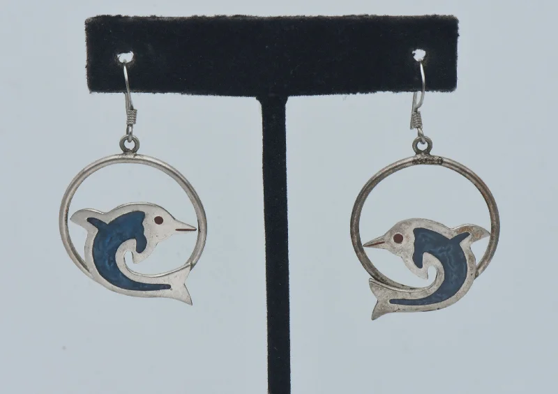 Gemstone Earrings for Luxury Look-Vintage Handmade Dolphin Alpaca Hoop Dangle Earrings