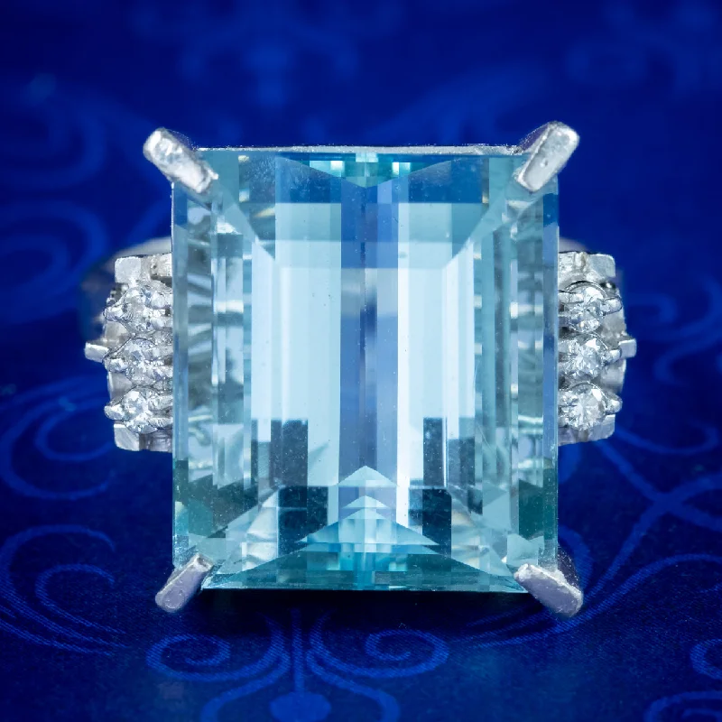 Classic Diamond Ring for Engagement-Art Deco Style Aquamarine Diamond Cocktail Ring 14.88ct Aqua