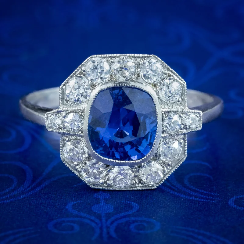 Gold Wedding Ring Set for Women-Art Deco Style Blue Sapphire Diamond Cluster Ring Platinum 1.40Ct Sapphire