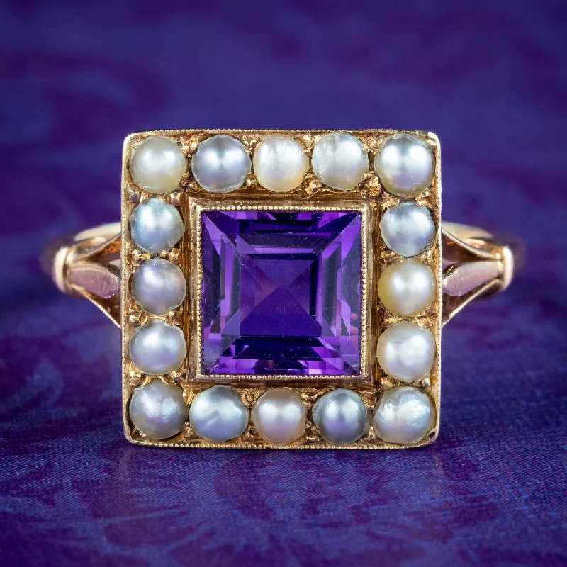 Elegant Silver Ring for Everyday Wear-Antique Victorian Amethyst Pearl Cluster Ring 1.8ct Amethyst