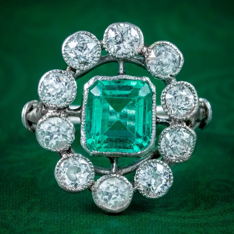 Bold Stackable Rings for Fashion-Antique Art Deco Emerald Diamond Cluster Ring 1.7ct Emerald