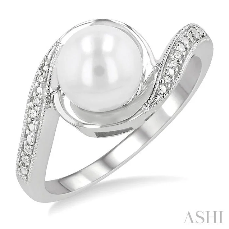 Bold Stackable Rings for Fashion-1/50 Ctw Bypass Round Cut Diamond & 7x7MM Cultured Pearl Ring in Sterling Silver