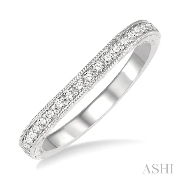 Birthstone Ring for Gifts-1/4 ctw Carved Sides Milgrain Border Round Cut Diamond Wedding Band in 14K White Gold