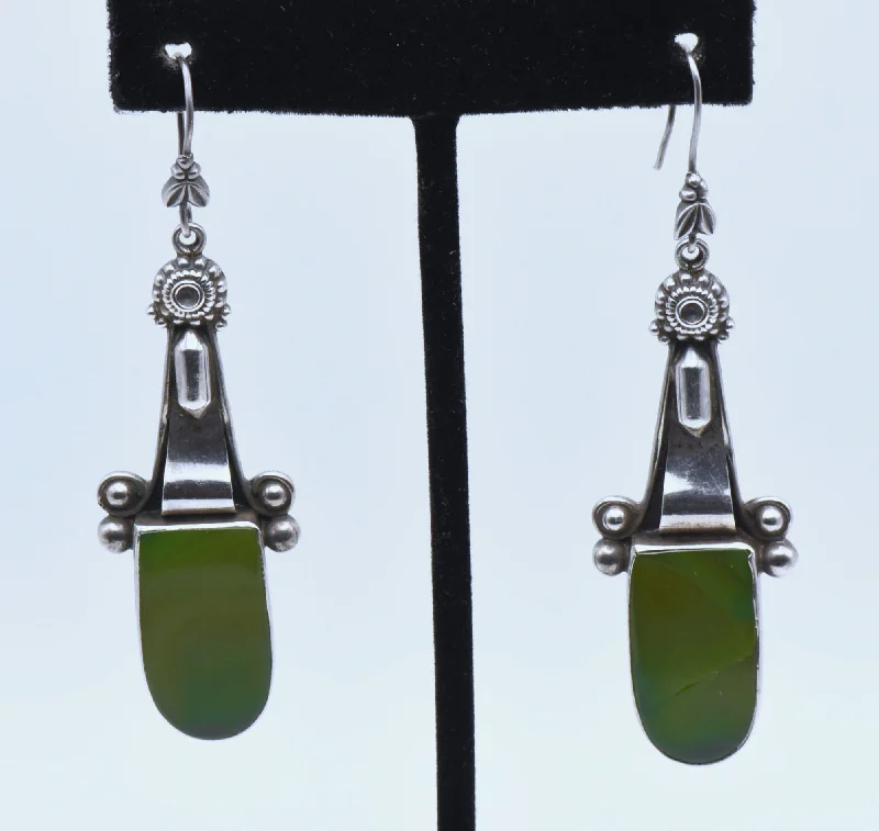 Large Silver Earrings-Vintage Sterling Silver Green Agate Slices Dangle Earrings