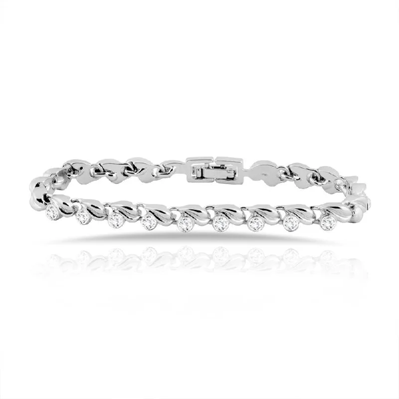 Vintage Silver Bangles for Classic Look-Mahi Rhodium Plated Leafy Bracelet With Crystal For Women