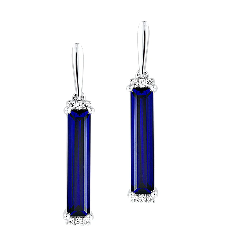 Silver Stud Earrings-These 14K white gold bar earrings showcase 14x3mm baguette Chatham lab grown sapphires and lab grown diamond accents.