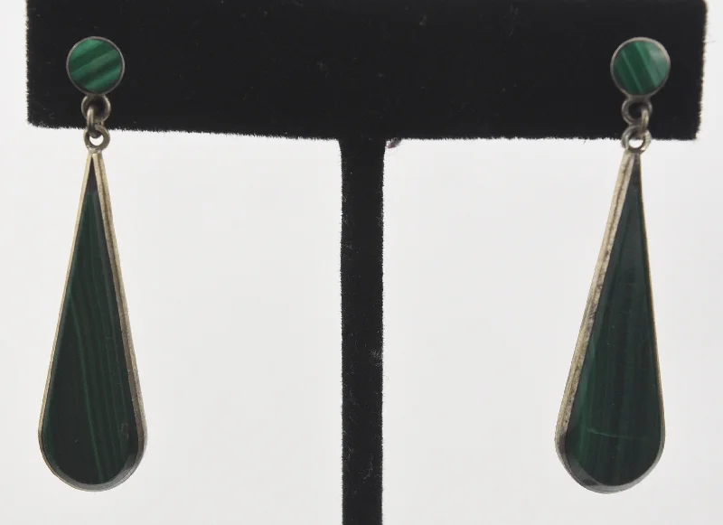 Stylish Drop Earrings for Casual Wear-Vintage 950 Silver Malachite Drop Earrings