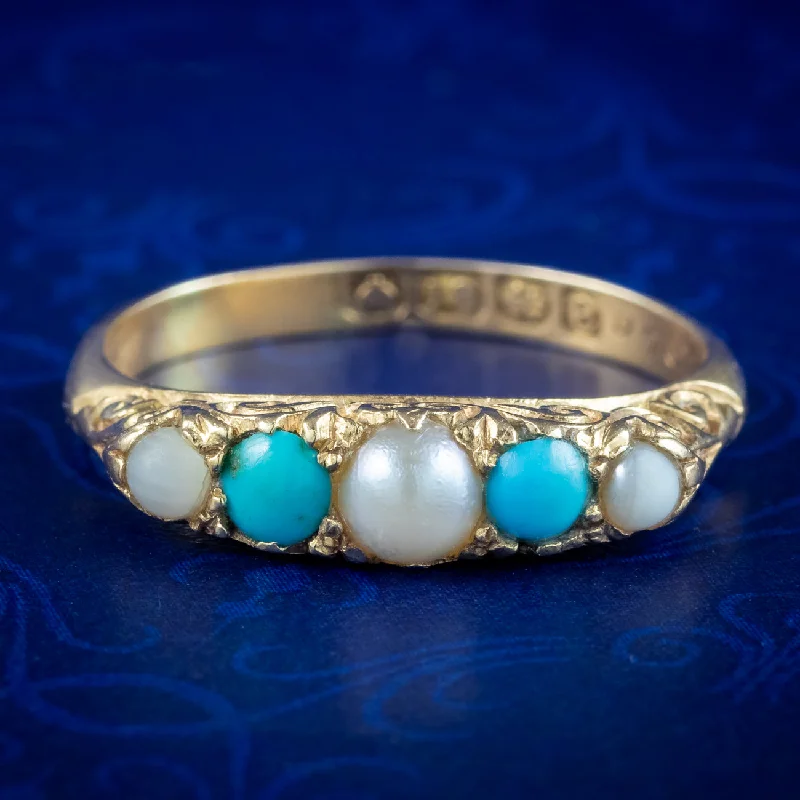 Vintage Sapphire Ring for Special Occasions-Antique Edwardian Turquoise Pearl Five Stone Ring Dated 1904