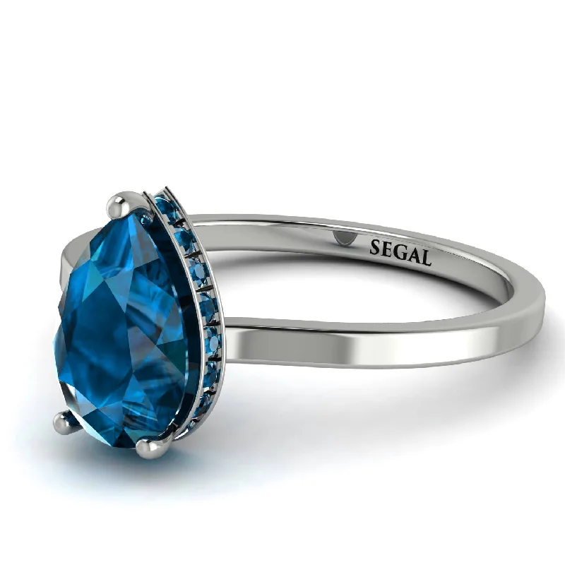 Sterling Silver Ring for Men-Hidden Halo Pear Blue Topaz Engagement Ring - Mary No. 515