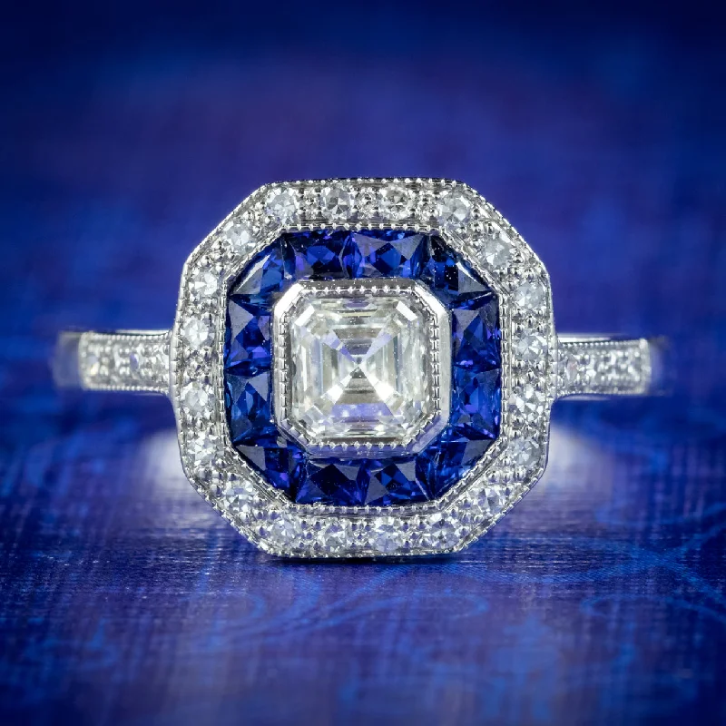 Customizable Gemstone Ring for Women-Art Deco Style Sapphire Diamond Cluster Ring 18ct Gold 0.70ct Of Diamond