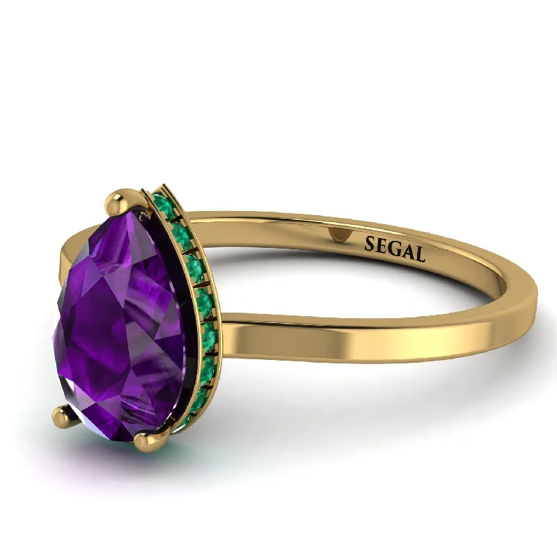 Women’s Wedding Ring with Emerald-Hidden Halo Pear Amethyst Engagement Ring - Mary No. 304