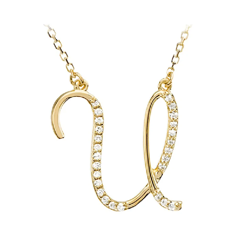 Unique Statement Necklace for Bold Fashion-1/8 Ctw Diamond 14k Yellow Gold Medium Script Initial U Necklace, 17in