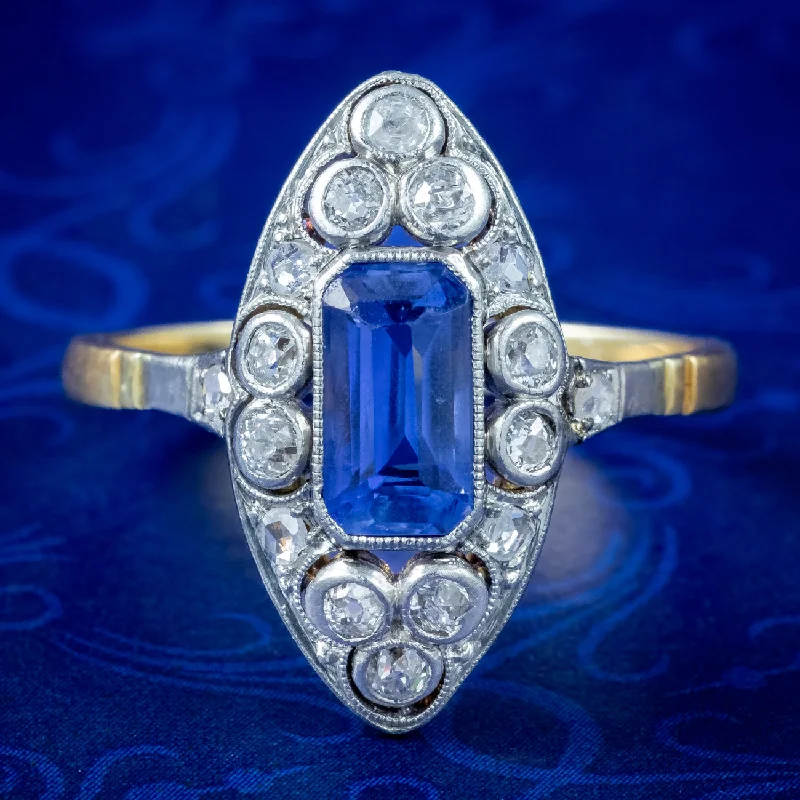 Stylish Wedding Band for Women-Antique Victorian Sapphire Diamond Navette Ring 1.2ct Sapphire