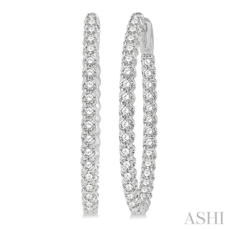 Custom Diamond Earrings-2 Ctw Inside-Out Round Cut Diamond Oval Shape Hoop Earrings in 14K White Gold