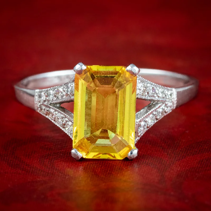 Birthstone Ring for Custom Jewelry-Art Deco Style Yellow Sapphire Diamond Ring 1.8ct Sapphire