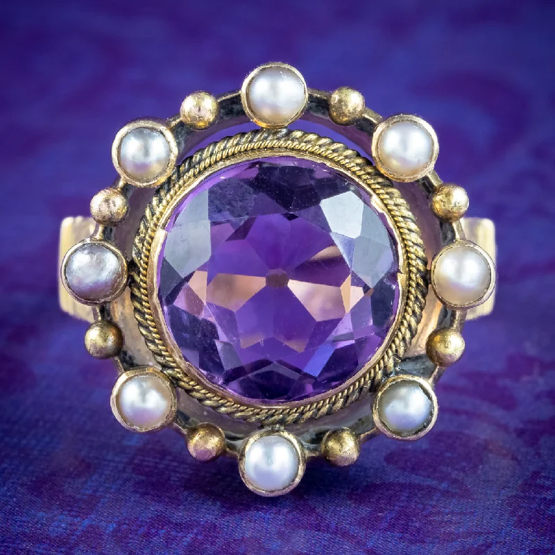 Stackable Rings for Women-Antique Victorian Amethyst Pearl Cluster Ring 6ct Amethyst