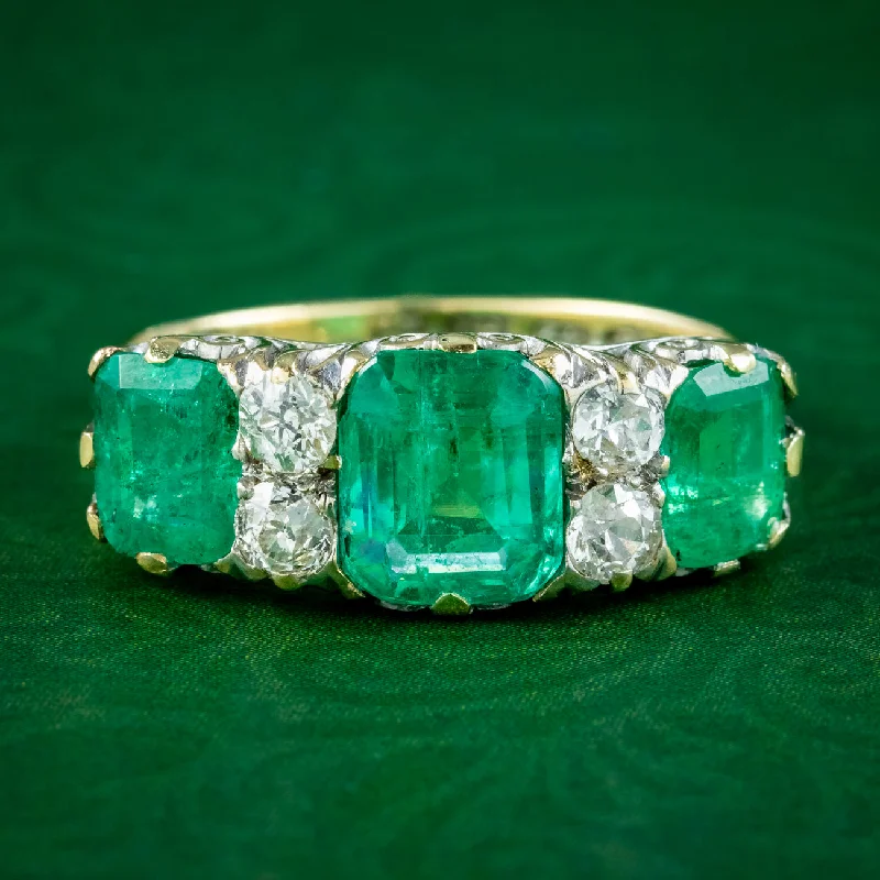 Bold Gemstone Ring for Statement Look-Antique Victorian Emerald Diamond Ring 3.07ct Emerald Dated 1900 With Cert