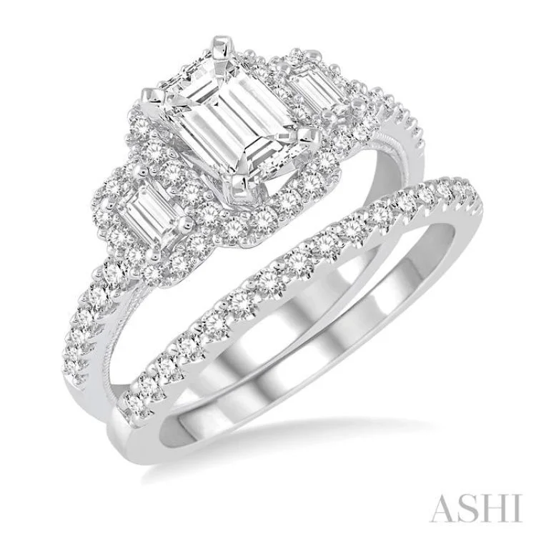 Wedding Band with Diamonds-1 1/10 ctw Diamond Bridal Set with 1 ctw Emerald Cut Engagement Ring and 1/8 ctw Wedding Band in 14K White Gold