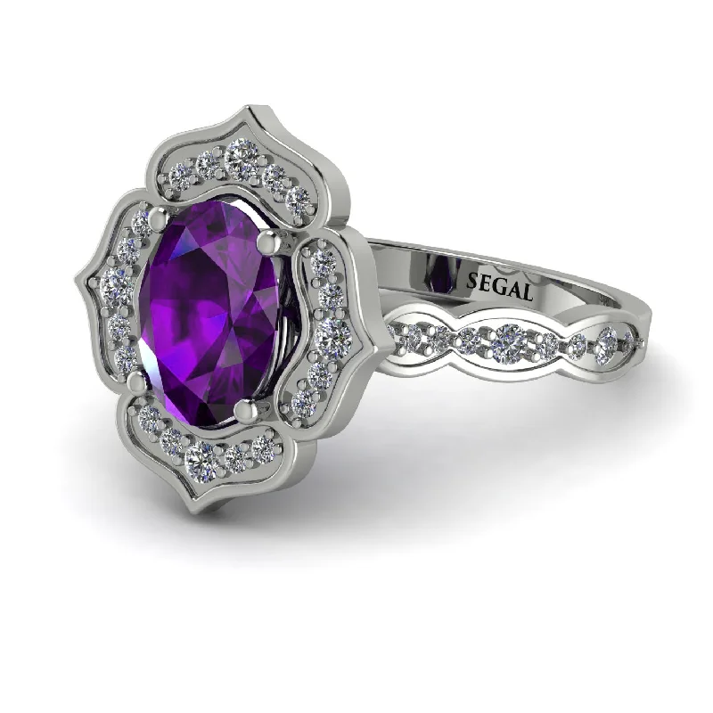 Designer Engagement Ring with Diamonds-Decorated Halo Oval Amethyst Engagement Ring - Faith No. 303