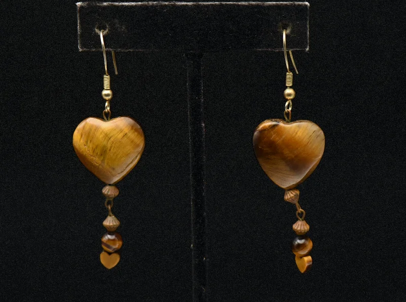 Luxury Gold Earrings for Anniversary-Vintage Tiger's Eye Heart Bead Earrings