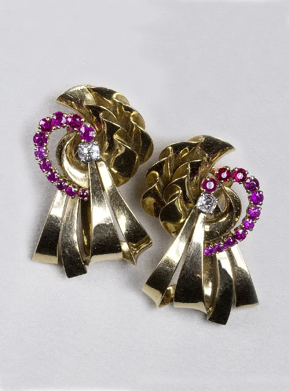 Luxury Stud Earrings for Women-Vintage Gold Ribbon, Ruby and Diamond Earrings