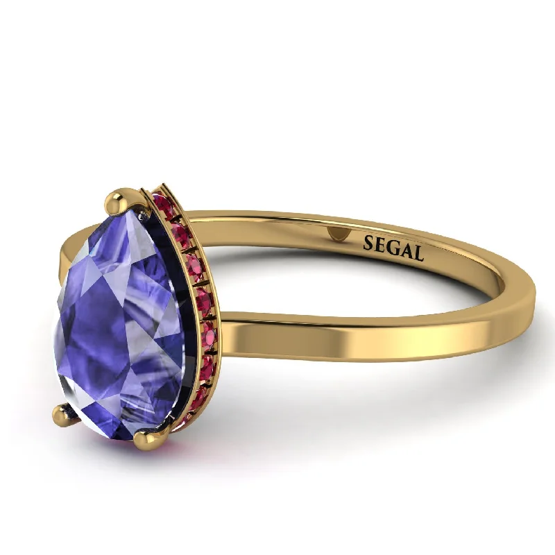 Wedding Ring Set with Diamonds-Hidden Halo Pear Tanzanite Engagement Ring - Mary No. 210