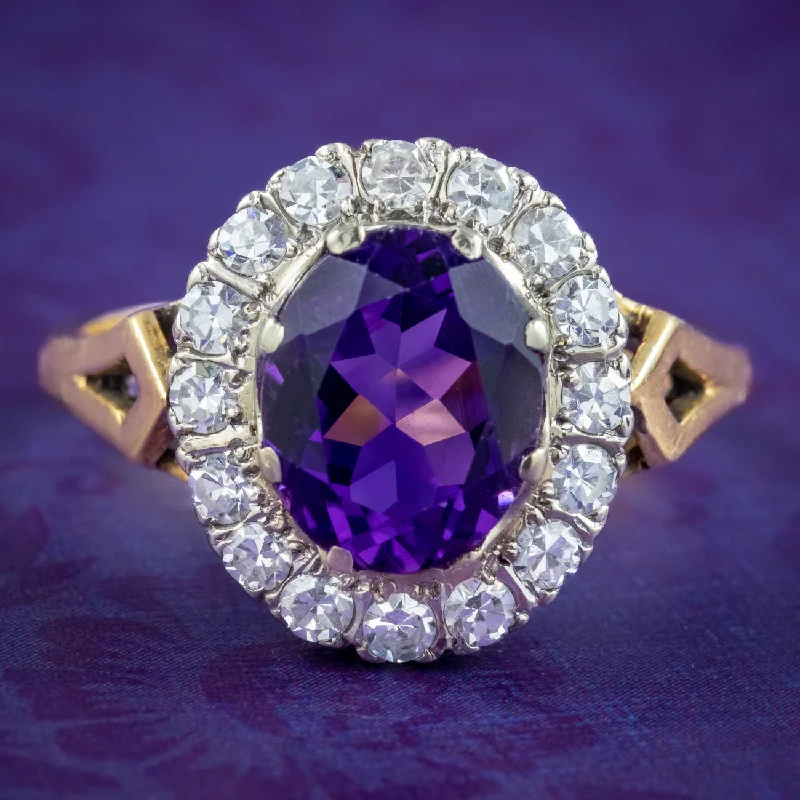 Chunky Statement Ring for Women-Vintage Amethyst Diamond Cluster Ring 2.5ct Amethyst