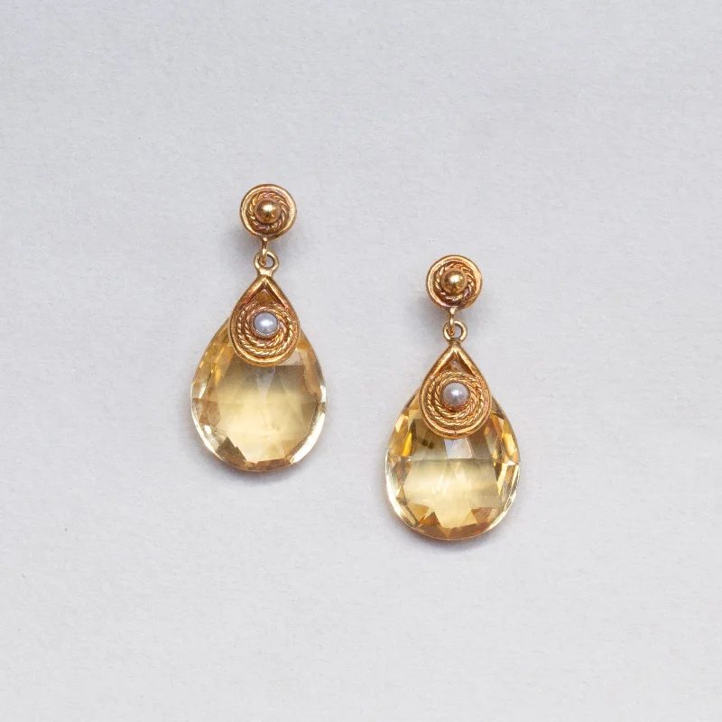 Simple Drop Earrings for Casual Outfits-Vintage Drop Earrings with Citrine and Pearl