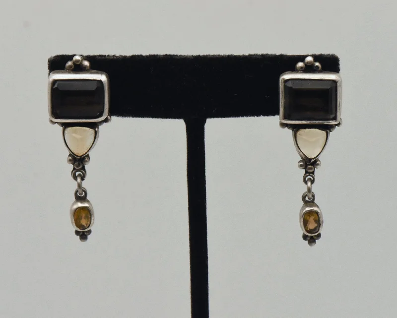 Large Crystal Earrings for Glamorous Look-Vintage Smoky Quartz, Citrine and Topaz Sterling Silver Earrings