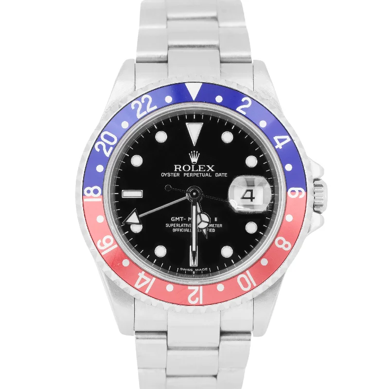 Minimalist Watches for Men and Women-Rolex GMT-Master II PEPSI Red Blue ERROR STICK Steel Black NO HOLES 40mm 16710