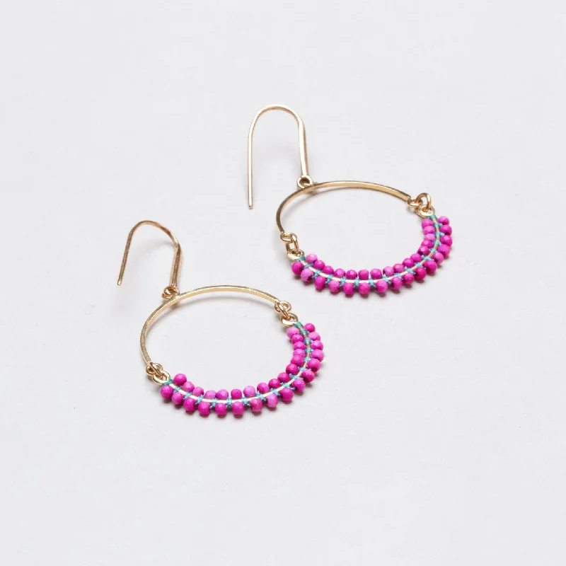 Crystal Earrings for Evening Glam-Vintage Cesaria Beaded Drop Hoop Earrings in Fuchsia