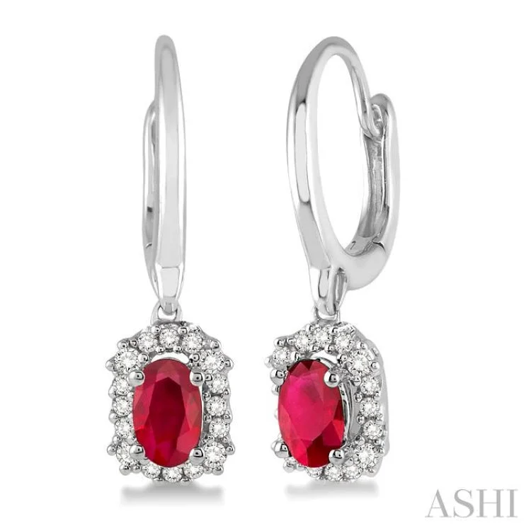 Long Drop Earrings for Women-5x3 MM Oval Cut Ruby and 1/6 Ctw Round Cut Diamond Earrings in 14K White Gold