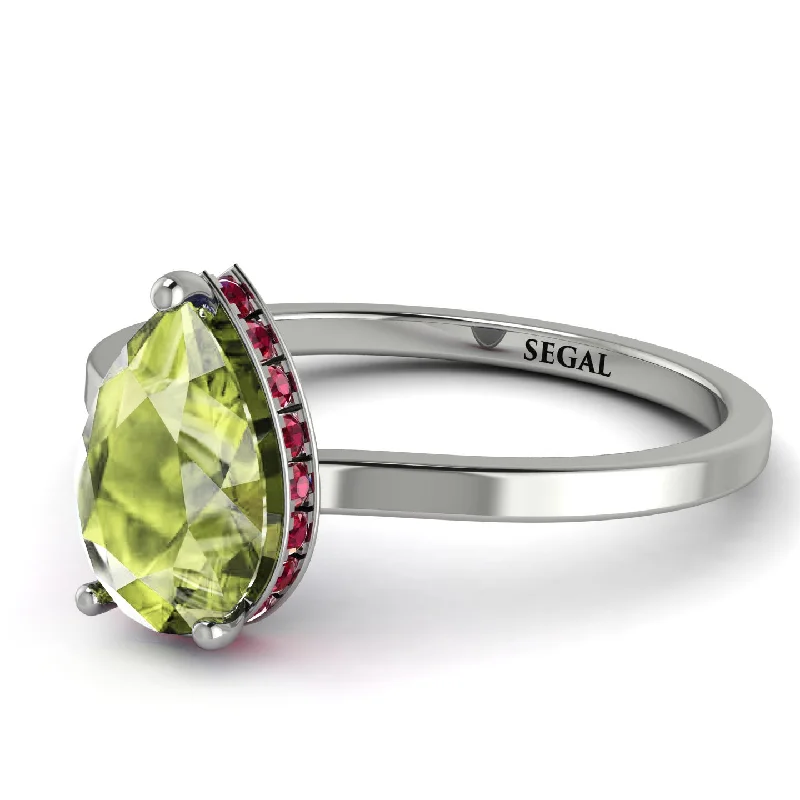 Simple Wedding Ring Set for Couples-Hidden Halo Pear Peridot Engagement Ring - Mary No. 712