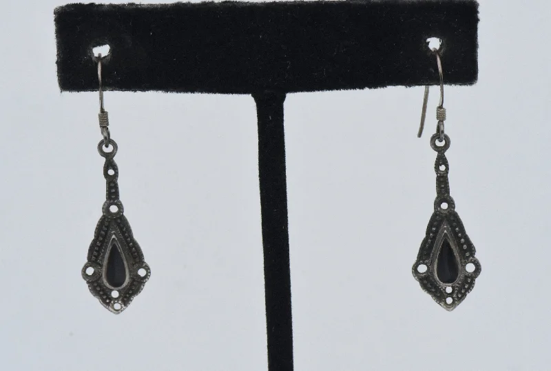 Elegant Earrings for Formal Wear-Vintage Sterling Silver Black Onyx Dangle Earrings