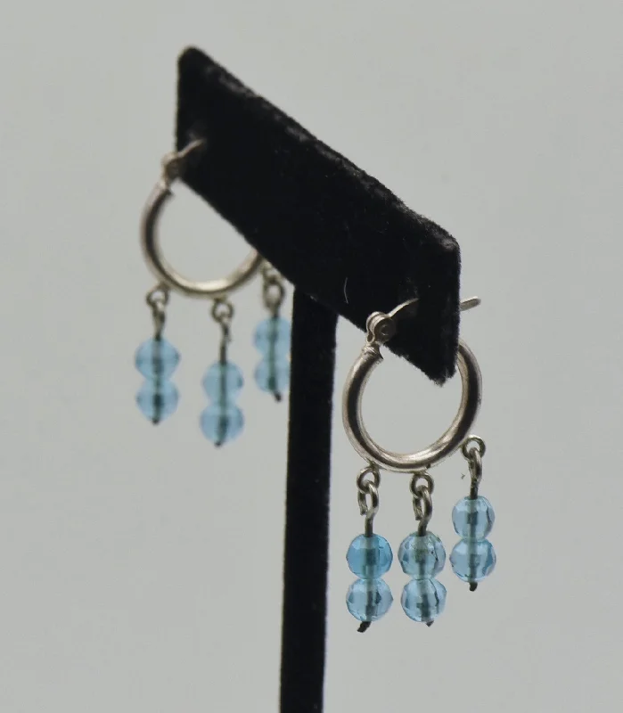 Trendy Stud Earrings for Young Women-Vintage Sterling Silver Hoop Blue Bead Dangle Earrings